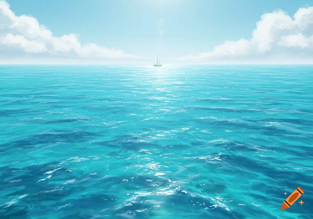A small white sailboat floats on a vast, calm turquoise ocean under a bright, clear sky with fluffy white clouds.