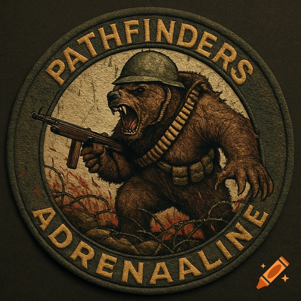 A circular vintage military patch features an angry grizzly bear in WWII gear holding a gun, with text 'PATHFINDERS ADRENAALINE'.