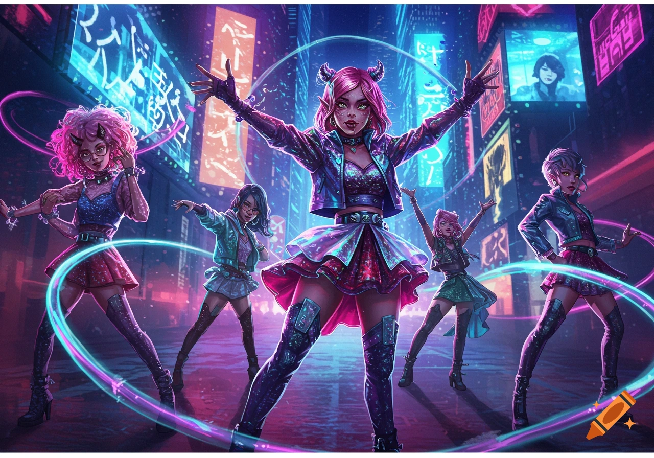 Five stylized female characters in vibrant outfits pose on a neon-lit cyberpunk city street.