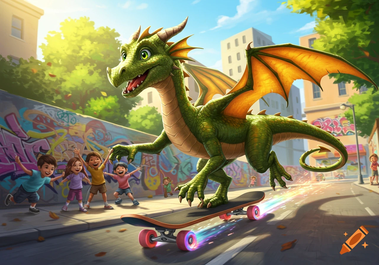A friendly green cartoon dragon rides a skateboard down a city street, with children happily watching from the sidewalk against a graffiti-covered wall.