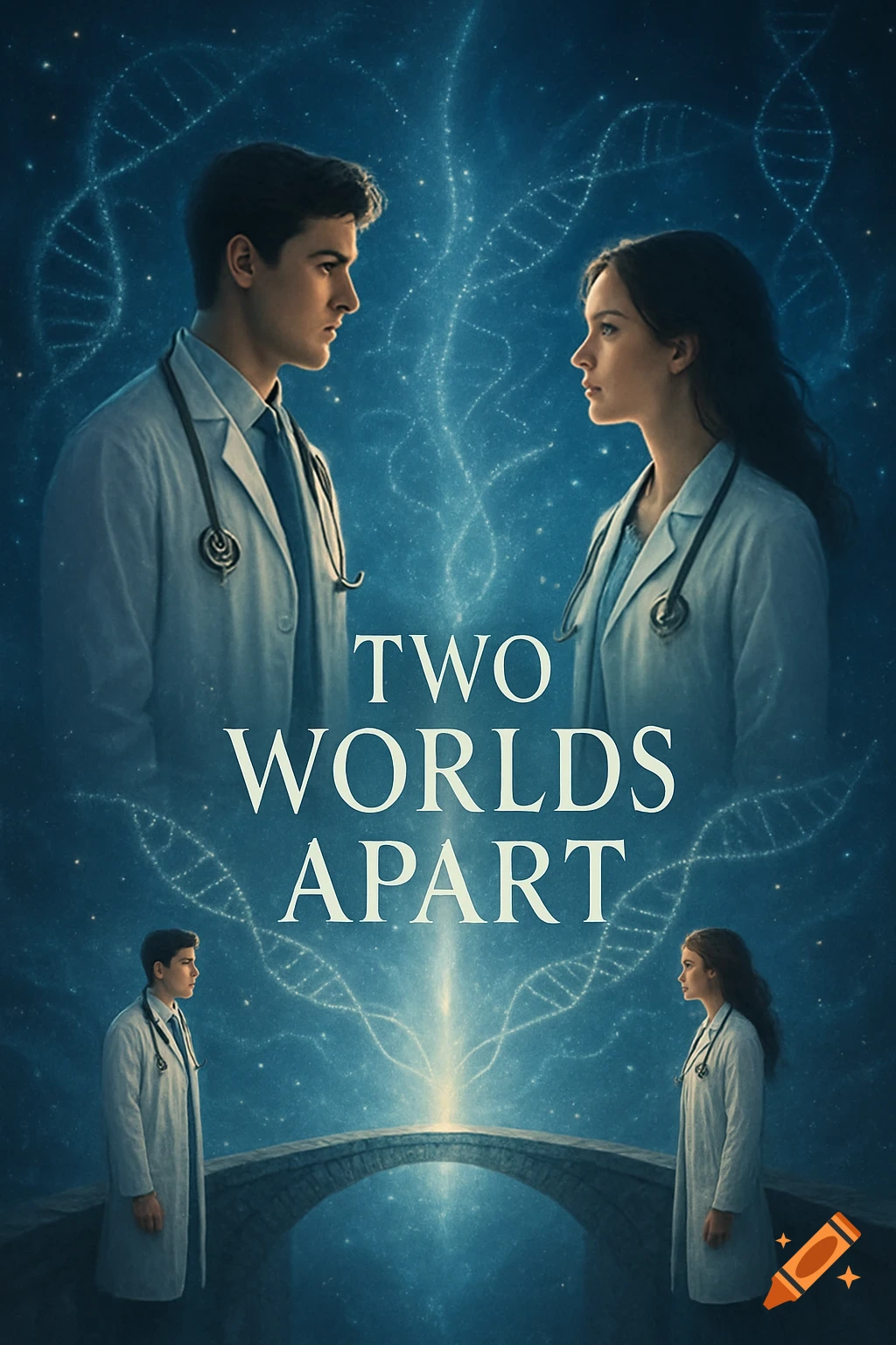 Movie poster for "Two Worlds Apart" showing a male and female medical student looking at each other across an ethereal blue space with DNA strands.