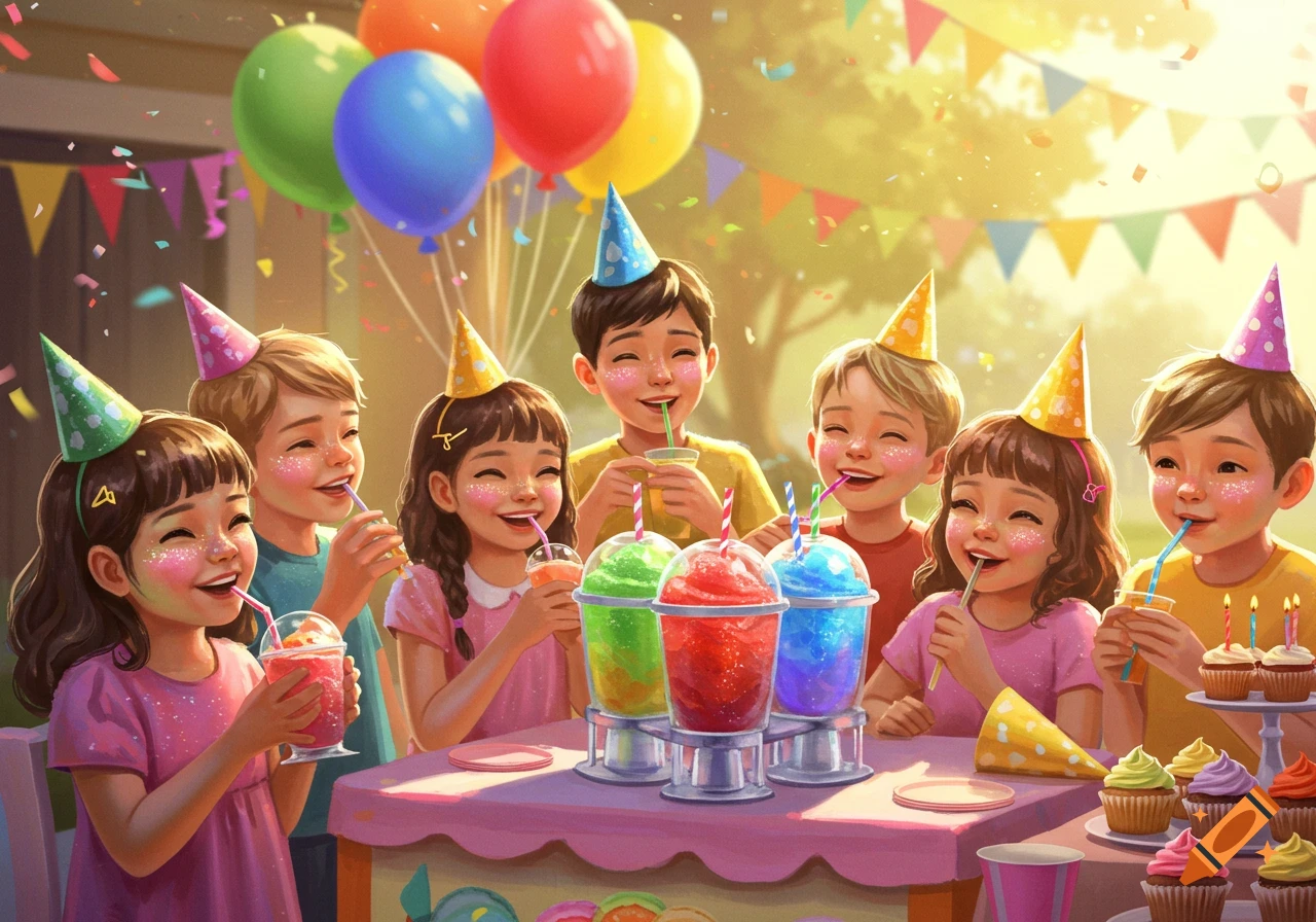 A group of happy children in party hats smiling and drinking colorful slushies at an outdoor birthday party with balloons and confetti.