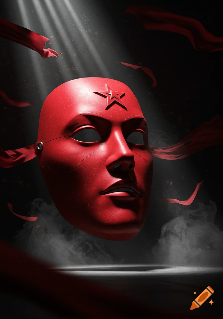 A red mask with a star on its forehead floats in a dark, smoky space with light beams from above.