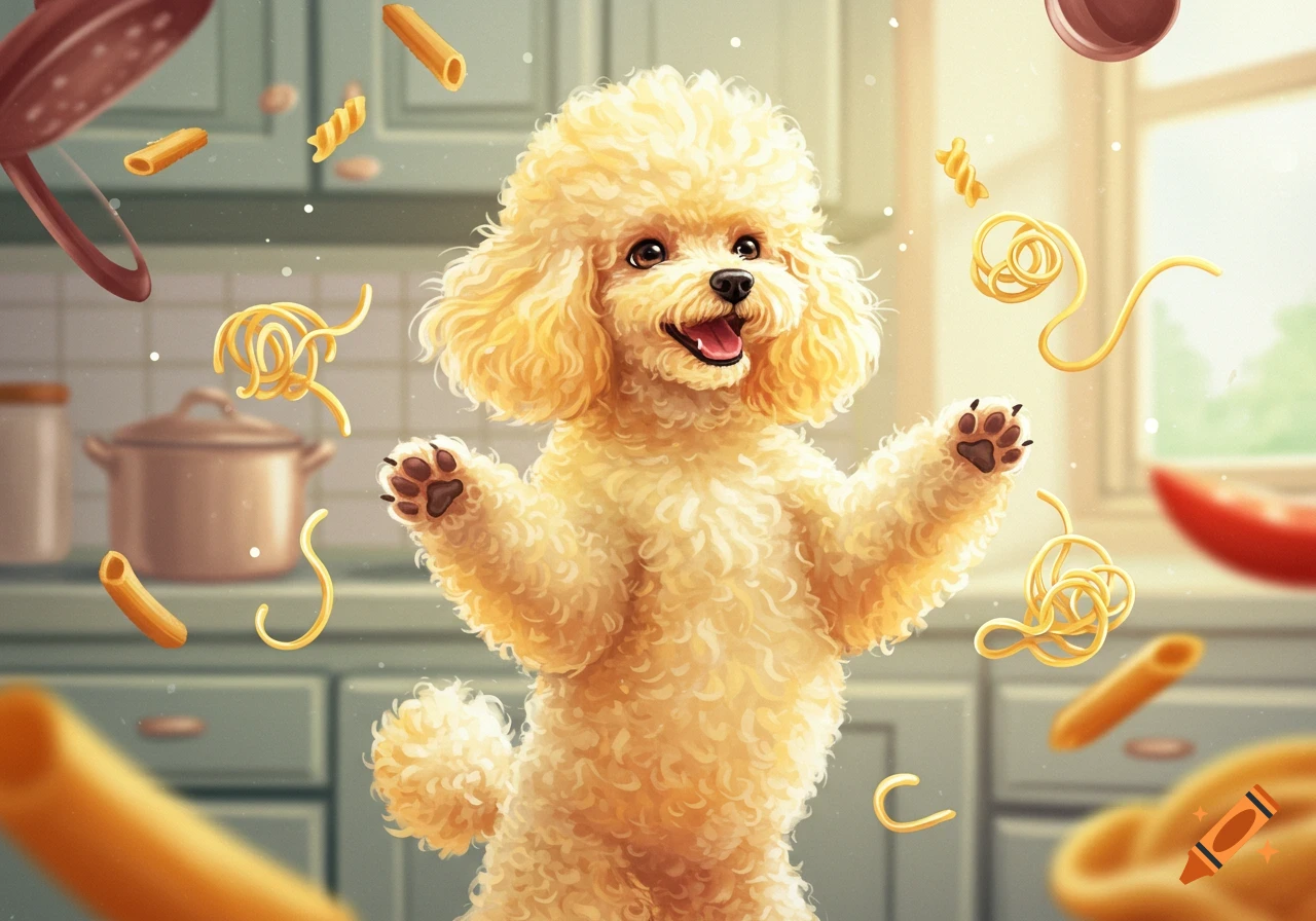 A happy golden poodle stands in a kitchen surrounded by floating pasta.