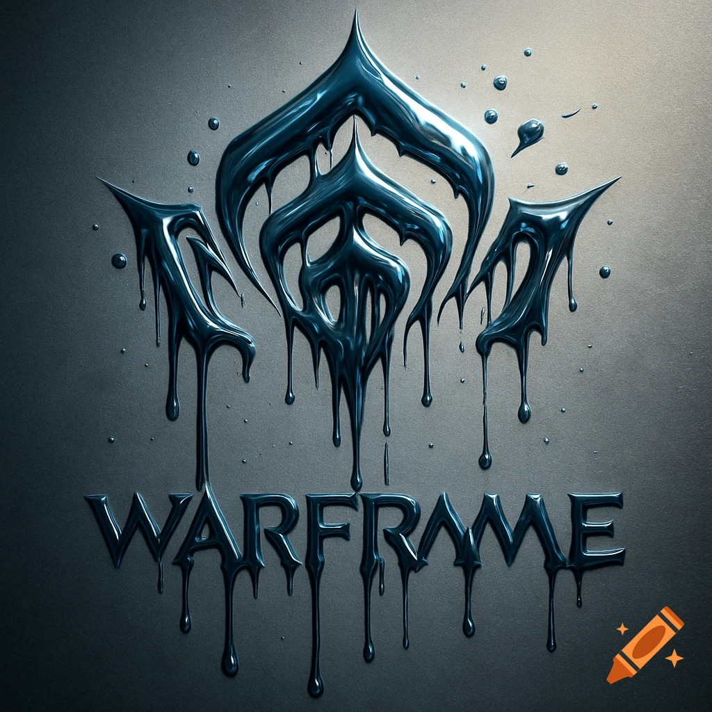 A metallic, dripping Warframe logo in teal and black against a dark gray background.
