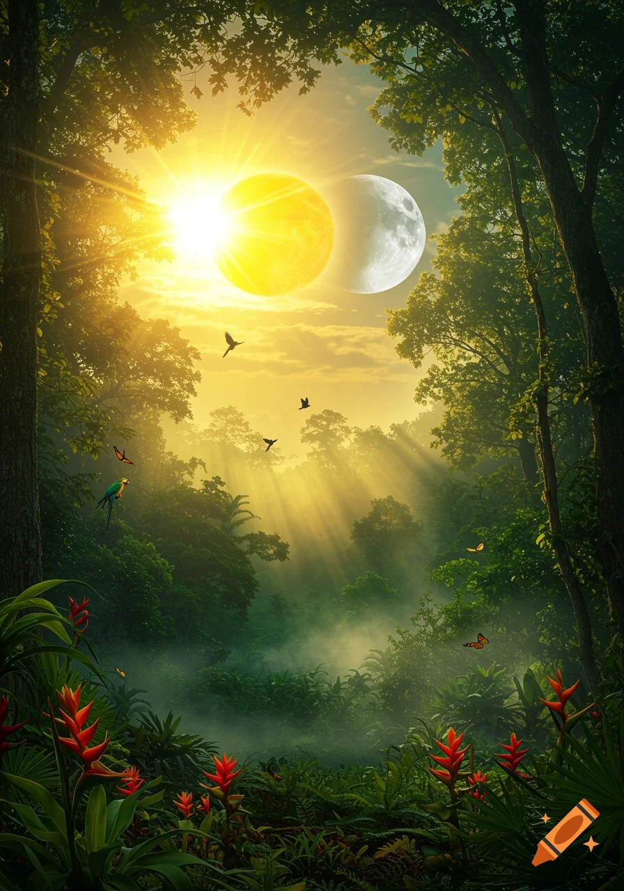 A vibrant fantasy jungle scene with a large glowing sun and full moon in the sky, sunrays piercing through mist, and lush foliage.