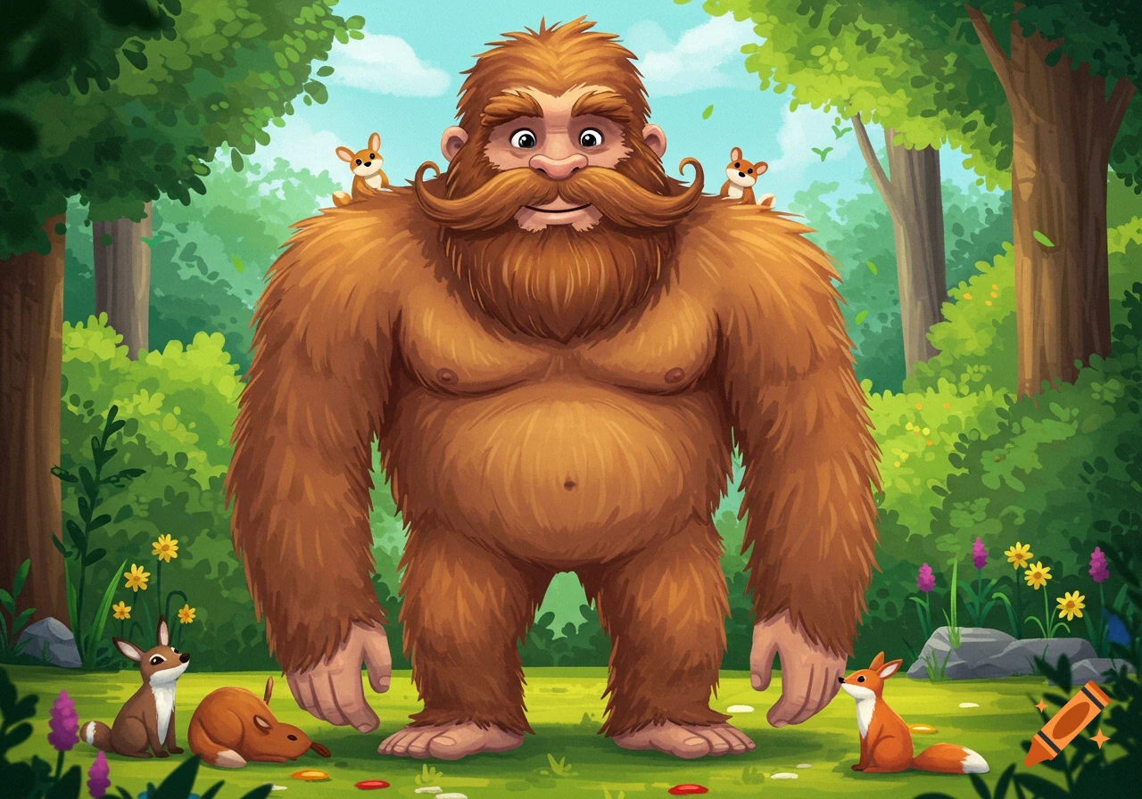 A friendly, hairy cartoon sasquatch with a well-groomed beard and mustache stands in a lush green forest with small animals.