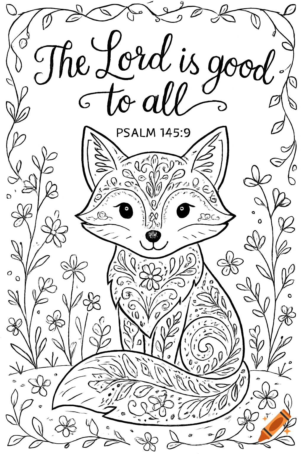 Black and white coloring page of a decorated fox surrounded by flowers, with the text 'The Lord is good to all PSALM 145:9'.