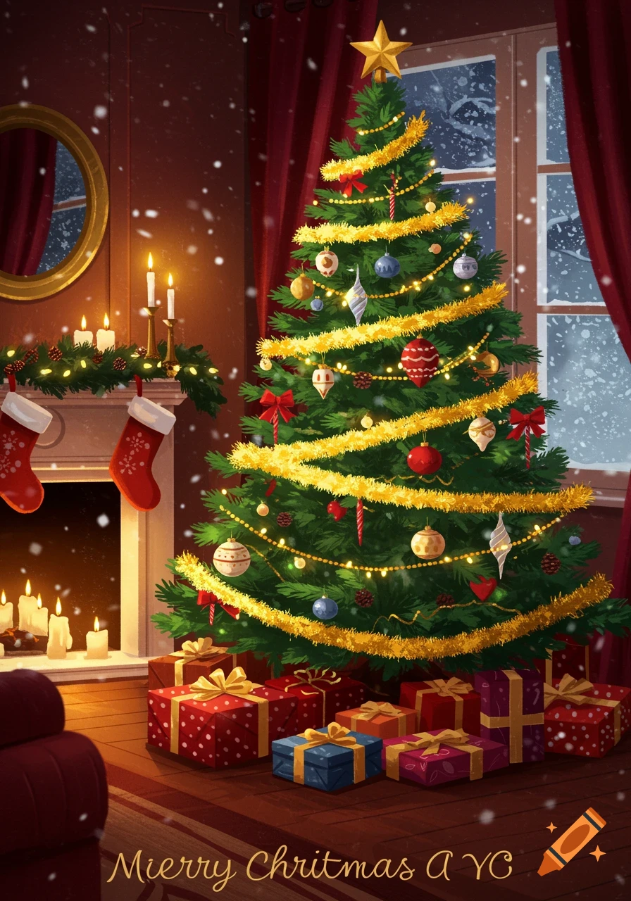 A festive interior Christmas scene with a decorated tree, gifts, fireplace, and snow falling outside.