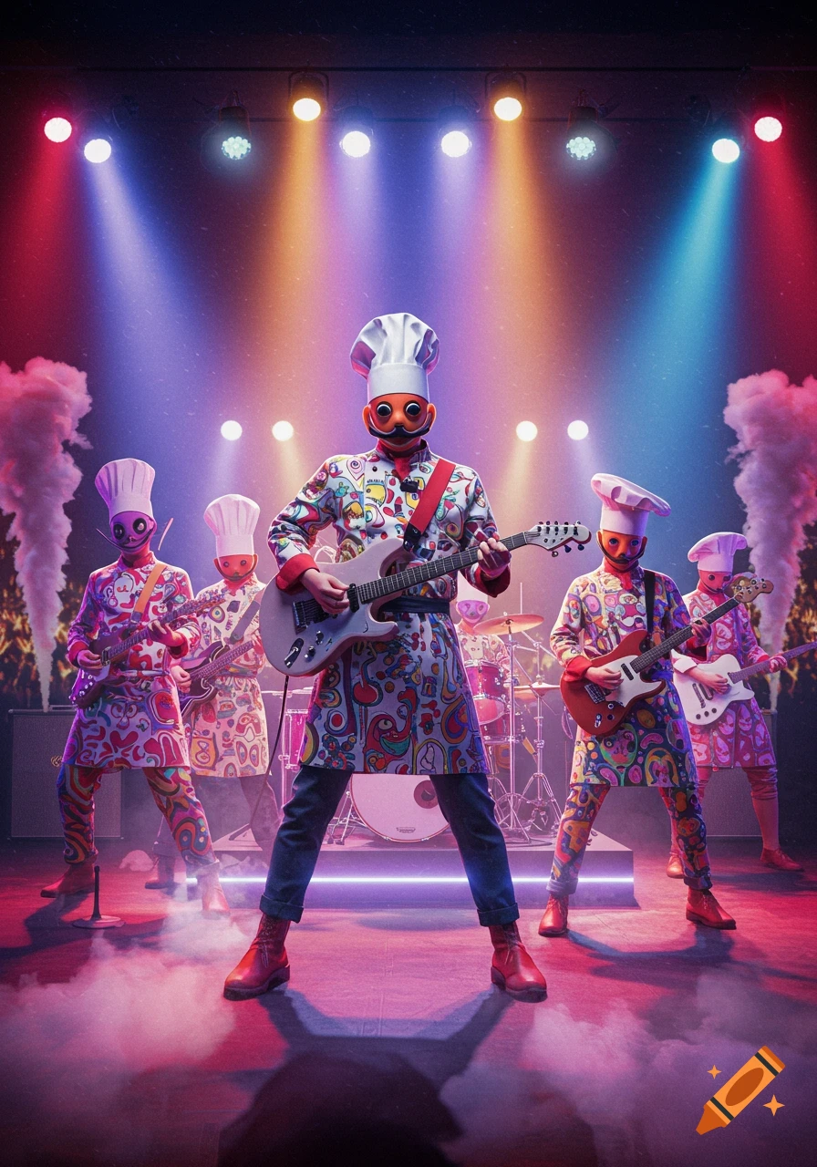 Five faceless chefs wearing colorful, patterned aprons and chef hats play instruments on a brightly lit stage with smoke effects.
