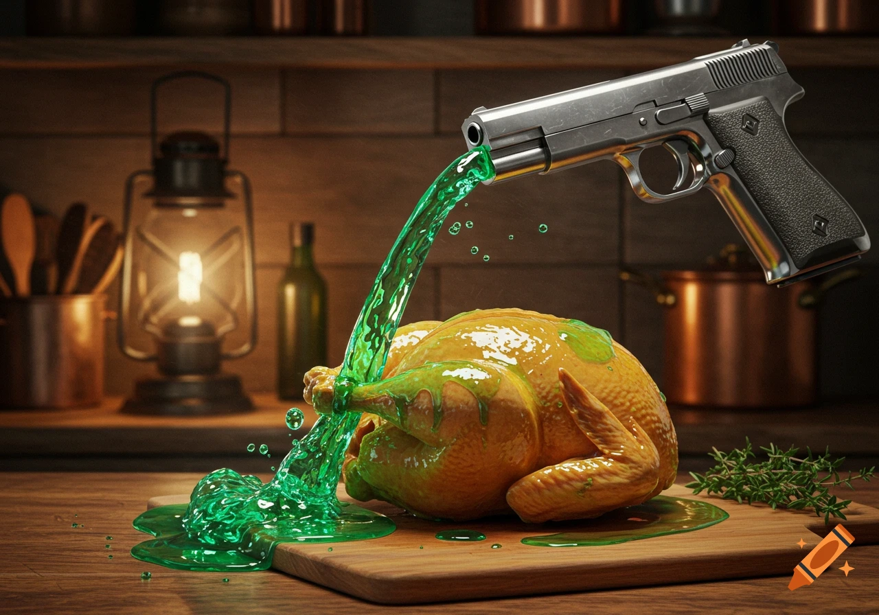 A photorealistic image of a gun pouring bright green liquid onto a roasted chicken on a wooden cutting board in a rustic kitchen.