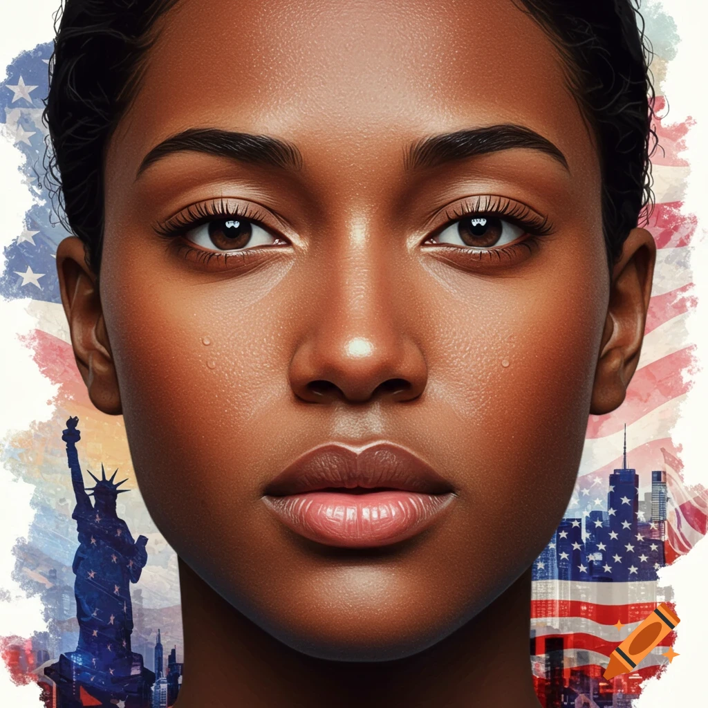 Close-up portrait of a Black woman with an American flag, Statue of Liberty, and city skyline in the background.