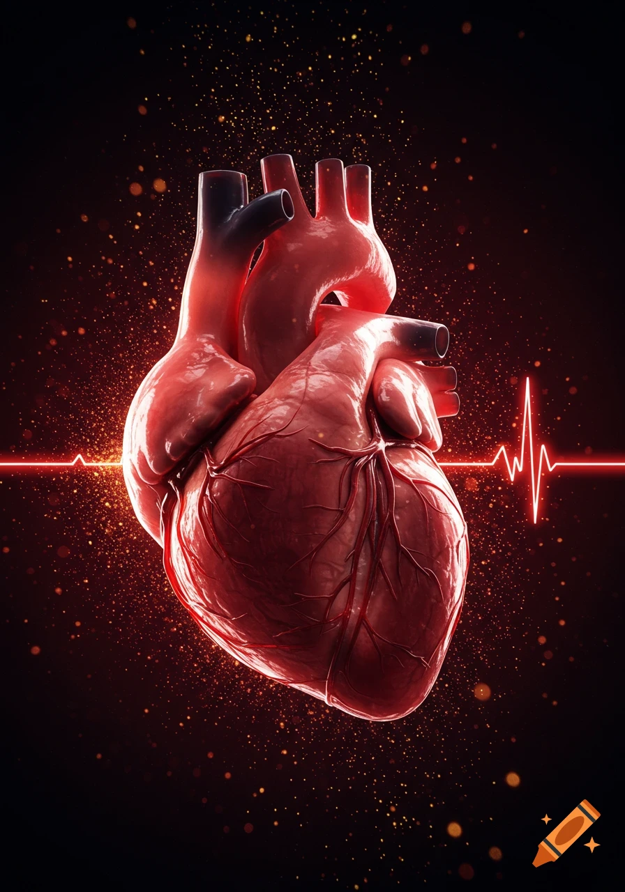 A vibrant red anatomical human heart floats against a dark background, illuminated by red light and surrounded by golden particles, with a glowing red heartbeat line.