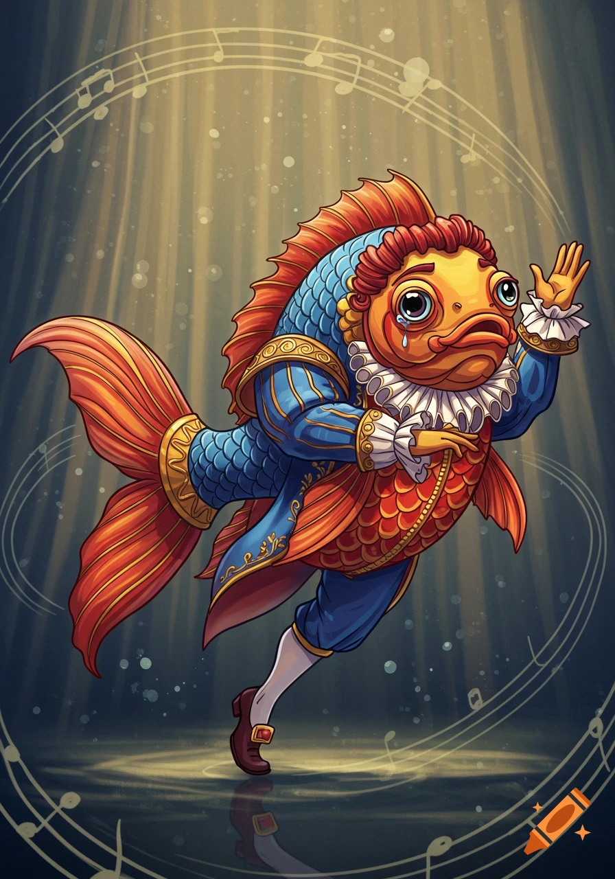 A cartoon fish dressed in an elaborate blue and gold historical opera costume, with a ruffled collar, crying, against a background of musical notes.