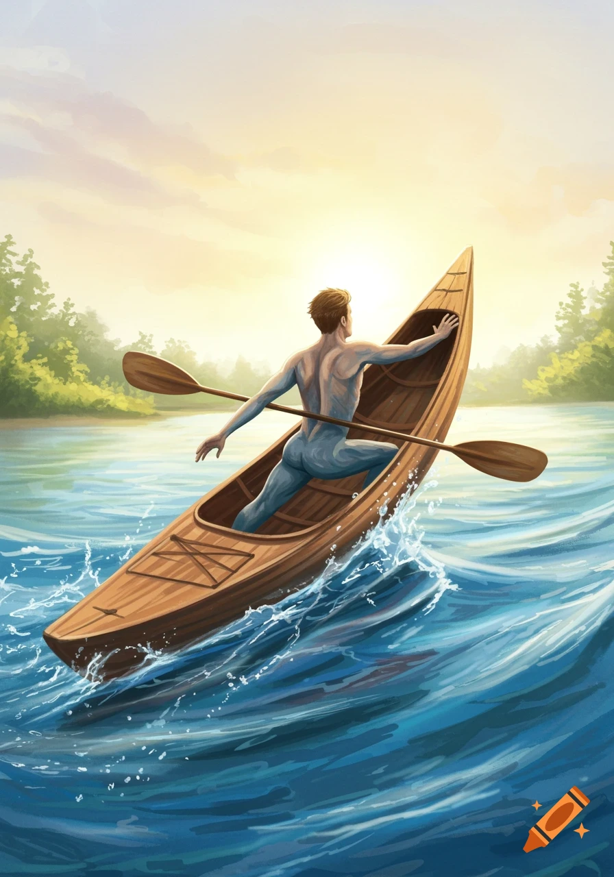 Illustrated man morphing into a wooden kayak on a choppy lake at sunset.