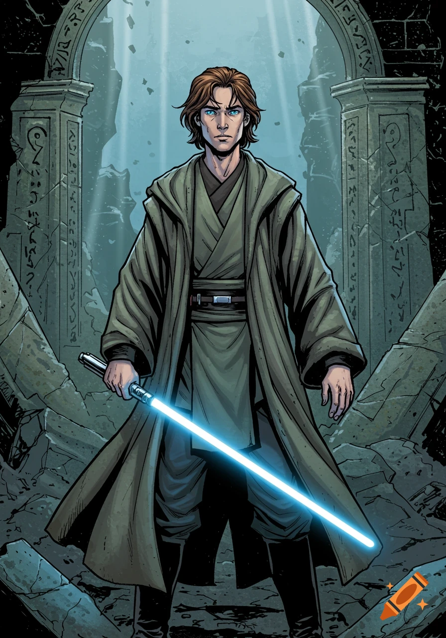 Comic book style illustration of a young male Jedi warrior with a blue lightsaber in ancient ruins.