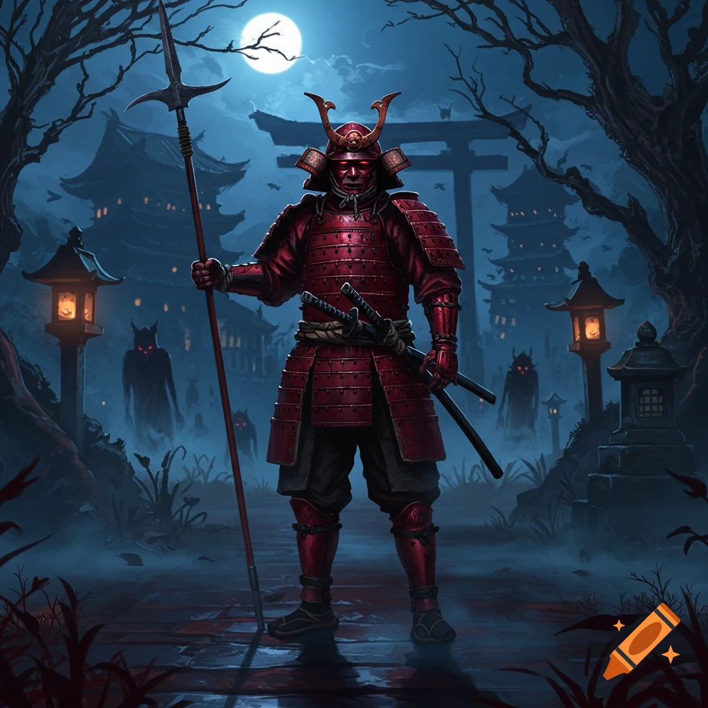 A samurai in red armor stands in a moonlit, misty Japanese village with ghostly figures and traditional buildings.