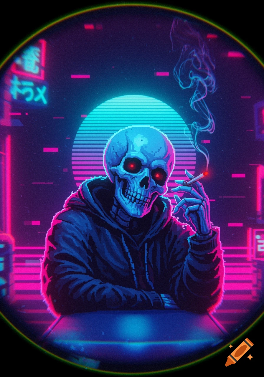 Pixel art skeleton in a hoodie smokes a cigarette in a retro cyberpunk city with neon lights and a large sun, viewed through a fisheye lens.