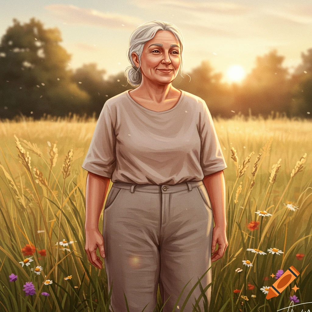 An older woman with gray hair smiles while standing in a field of tall grass and wildflowers at sunset, digital art.