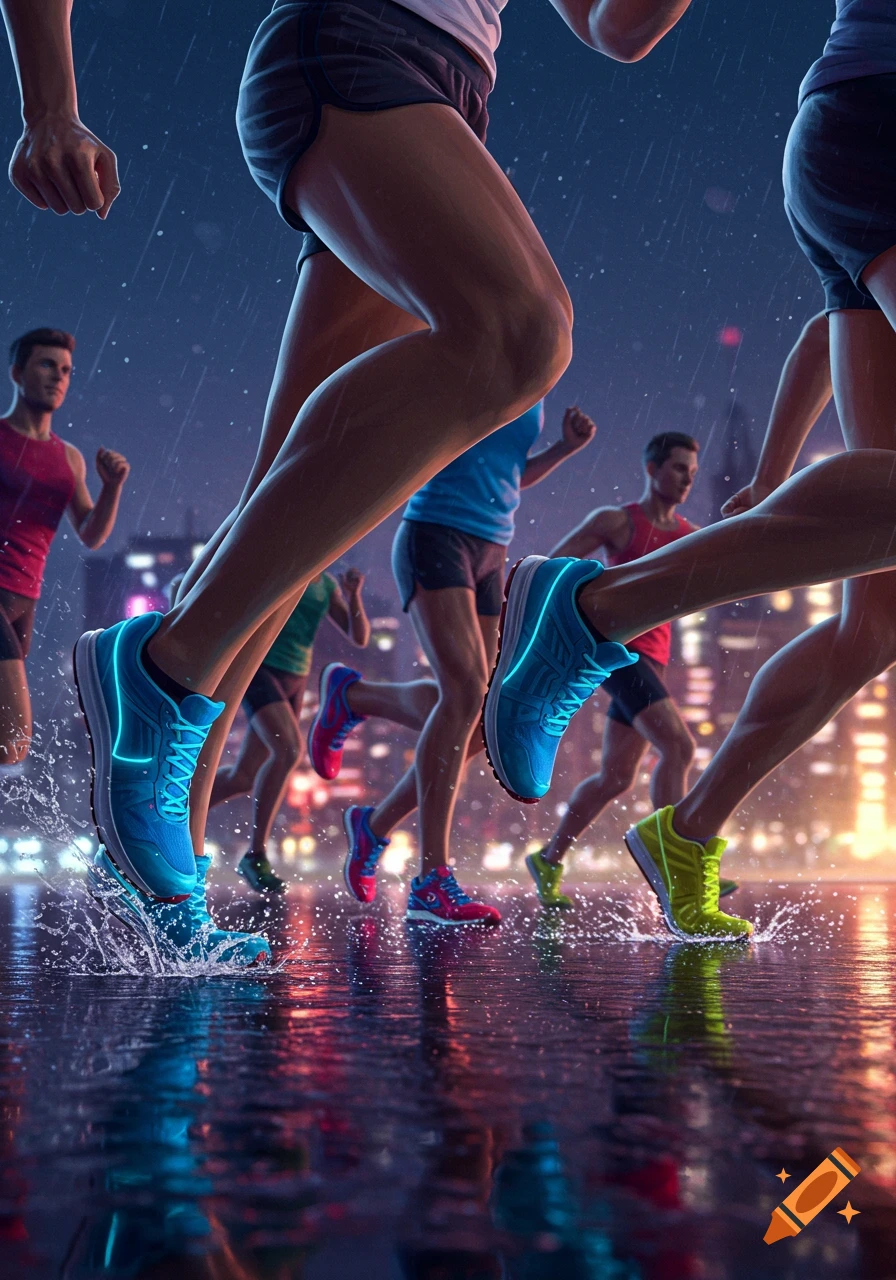 Runners' legs and neon shoes splash through puddles on a rainy city street at night, with illuminated buildings in background.