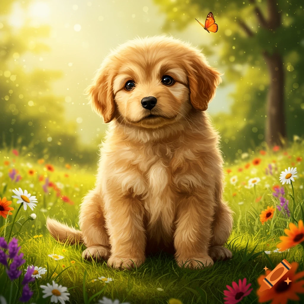 A golden retriever puppy sits among colorful wildflowers with a butterfly in a sunny, illustrative style.