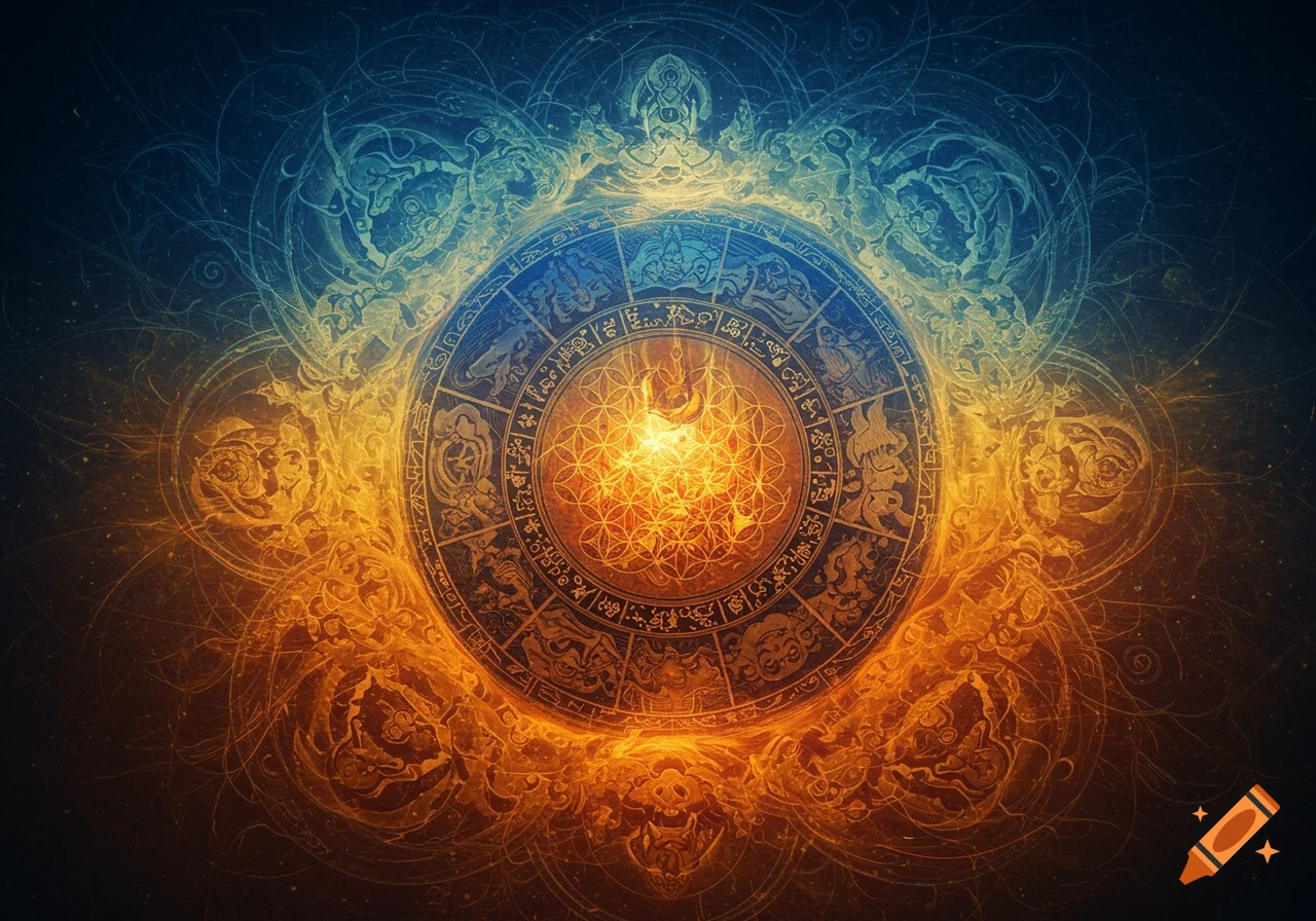 An intricate, glowing Bhavacakra or mandala design with blue and orange energy swirls, detailed symbols, and a bright, geometric center.