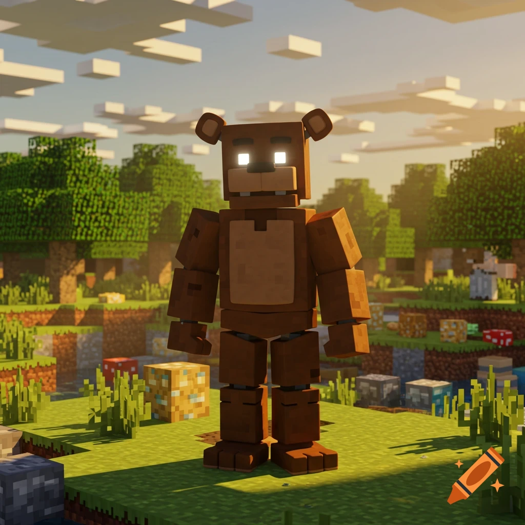 A blocky, brown Freddy Fazbear character with glowing eyes stands in a sunny Minecraft-like landscape.