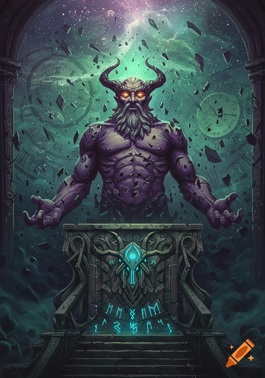 A hulking, purple-skinned, horned and bearded god figure with glowing eyes emerges from a mystical pedestal, surrounded by shattering clock faces and debris in a dark, ethereal space.