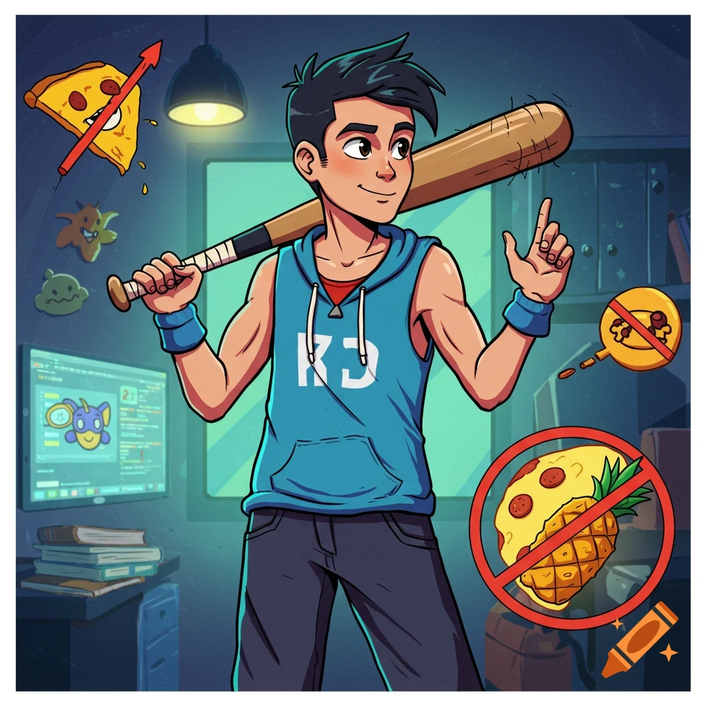 Cartoon boy with baseball bat, shirt with 'KJ', computer, and symbols for disliked pizza and pineapple.