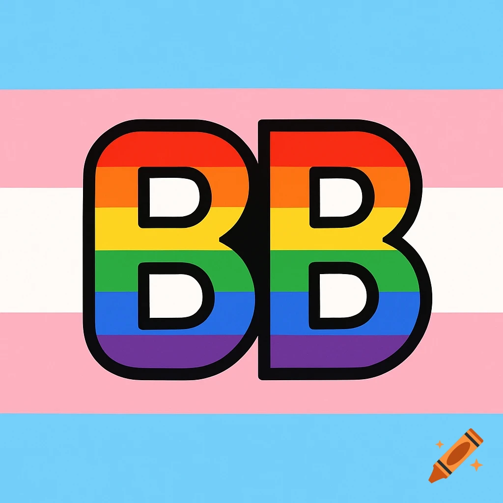 A logo featuring two back-to-back rainbow-colored 'BB' letters on a background of the transgender pride flag.