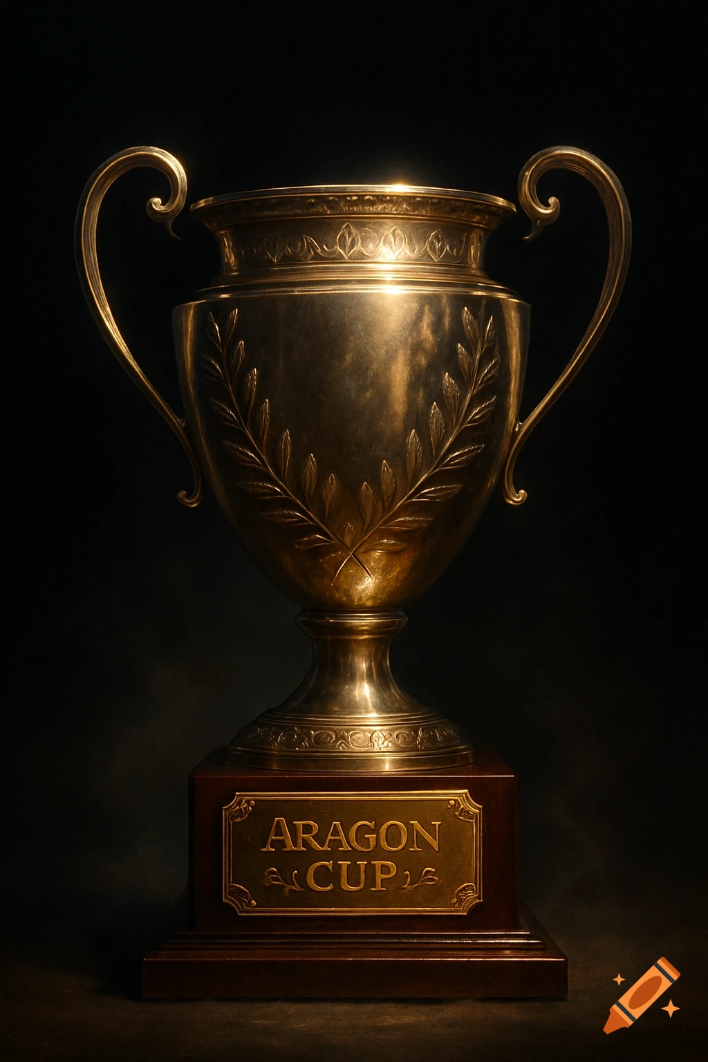 A detailed golden trophy with ornate handles and a laurel wreath design, sitting on a dark wooden base. The plaque on the base reads "ARAGON CUP". The image has a dark, dramatic background.