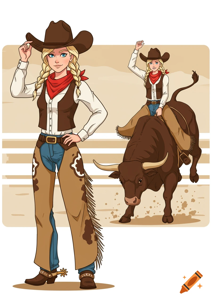 Cartoon illustration of a blonde cowgirl in two poses: one tipping her hat, and another riding a bucking bull.