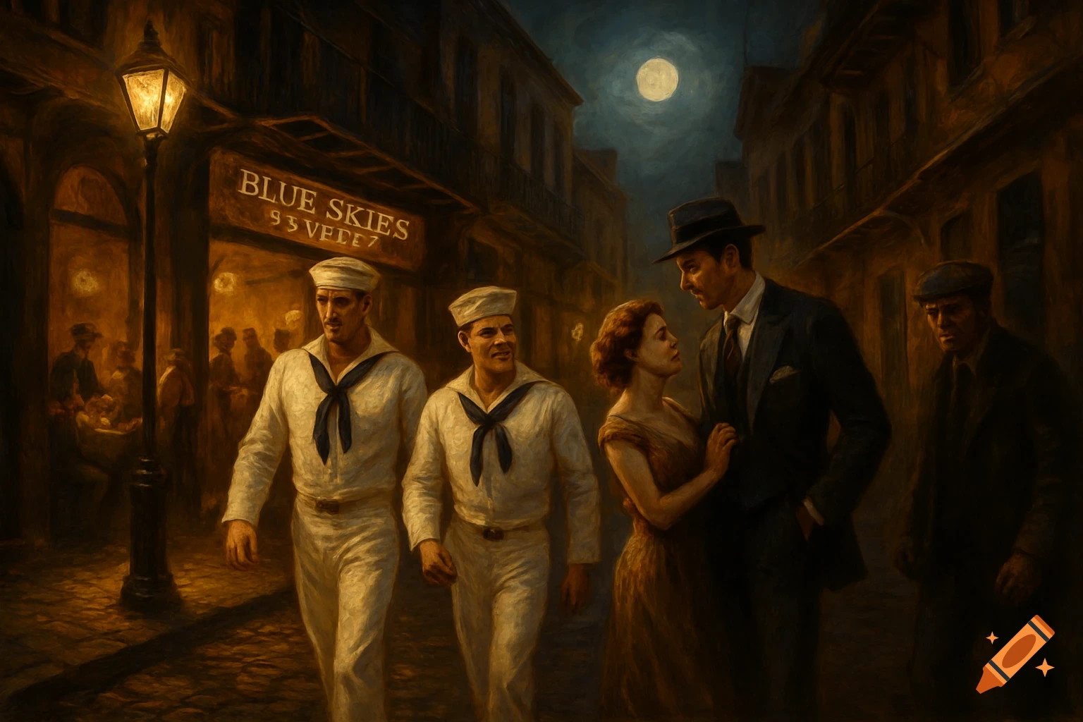 A dark, painterly scene of a 1916 New Orleans street at night. Two sailors walk past a glowing tavern sign for 'Blue Skies', while a man and woman flirt nearby, and another man watches them.