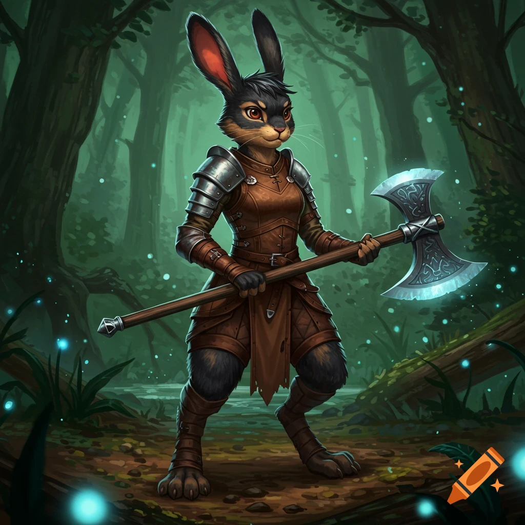 An anthropomorphic black and tan rabbit in fantasy armor holds a glowing axe in a magical forest.