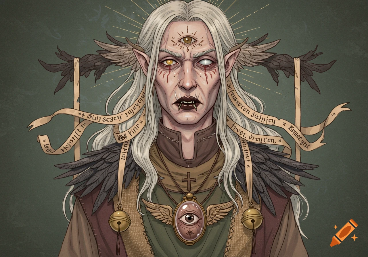 A stylized portrait of an ethereal, pale-skinned elven man with long white hair, multiple eyes, and dark, pointed teeth, adorned with feathered shoulders and ribbons inscribed with illegible text.