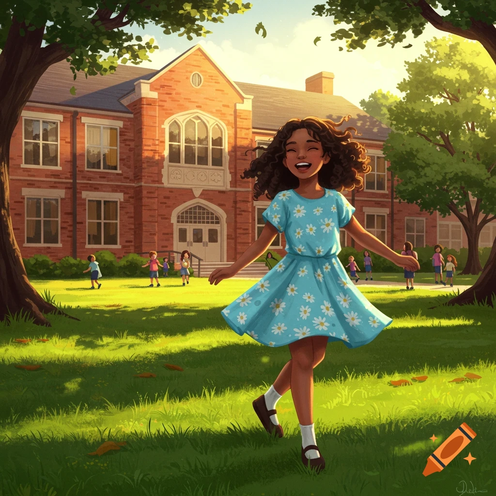 A happy young girl in a blue daisy dress runs on a sunny school lawn in front of a brick school building, illustrated.