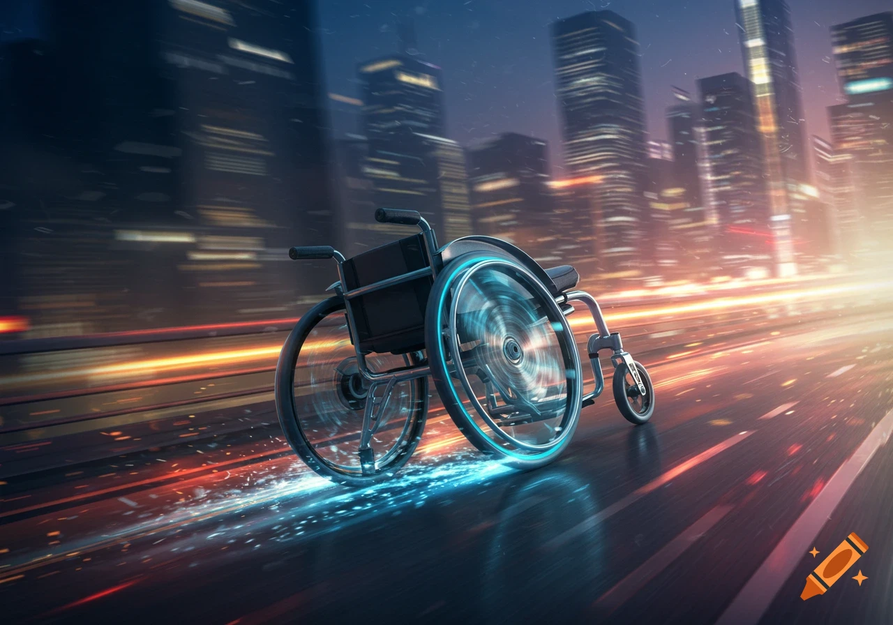 A wheelchair races through a city street at night, leaving glowing trails of light.