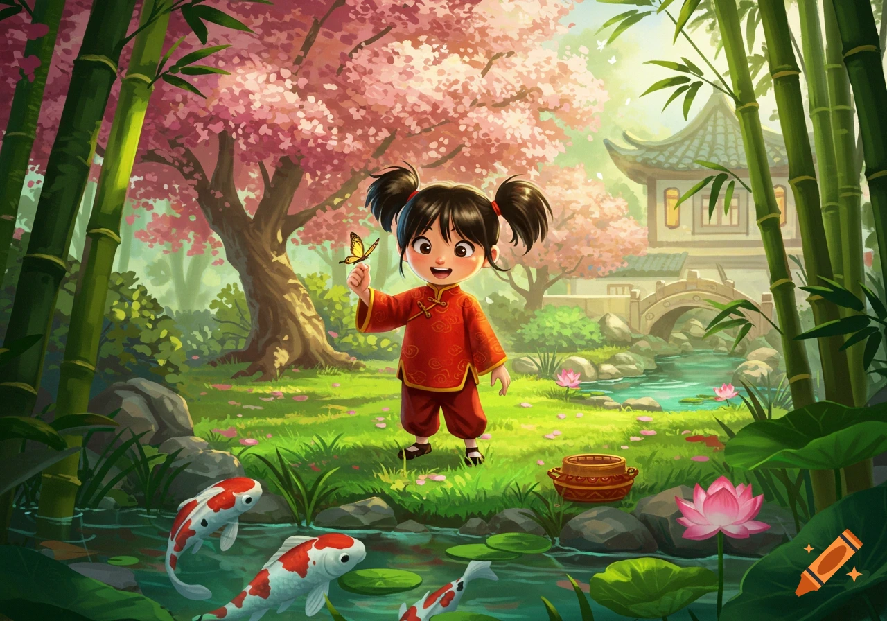A cartoon girl in a red outfit holds a butterfly in a lush Asian garden with cherry blossoms, bamboo, a koi pond, and a traditional house.