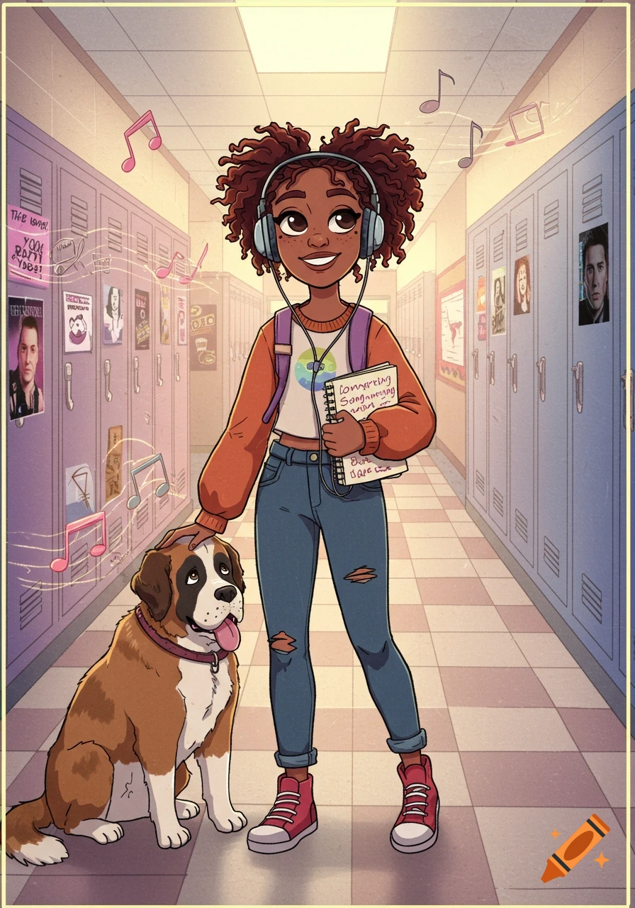 A cartoon of a girl with headphones and a backpack petting a large Saint Bernard dog in a school hallway with lockers.