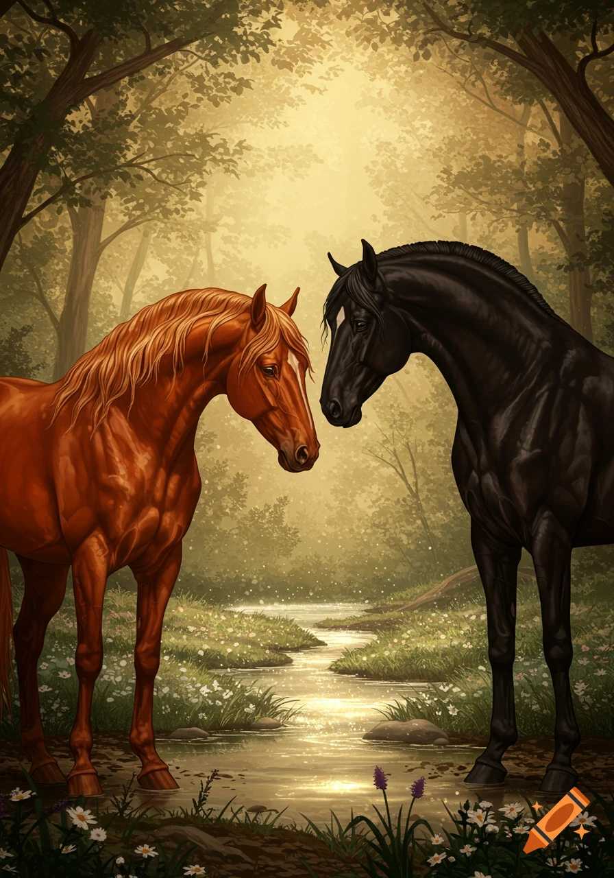 Two horses, one brown and one black, face each other in a magical forest clearing with a glowing stream.