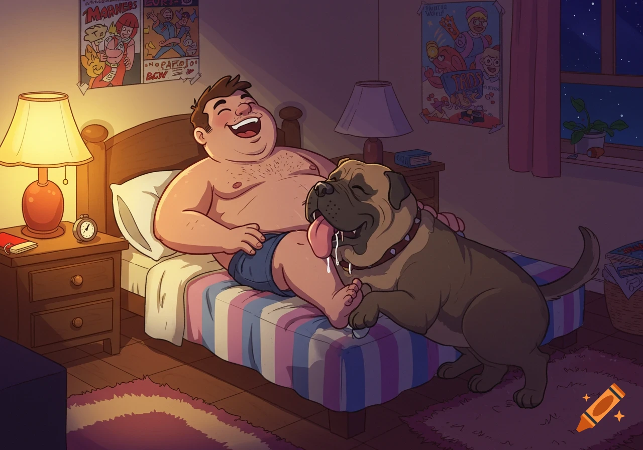 A shirtless, chubby man laughs in a 2D cartoon bedroom as a large Mastiff dog licks his leg in bed.