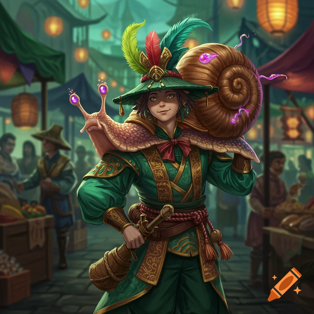 An anime-style character in a green merchant outfit with a large snail on their shoulder, in a bustling market.