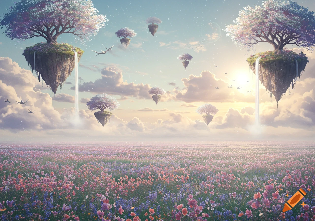 A beautiful fantasy landscape with floating islands, blossoming trees, waterfalls, and a field of colorful wildflowers under a bright, ethereal sky.