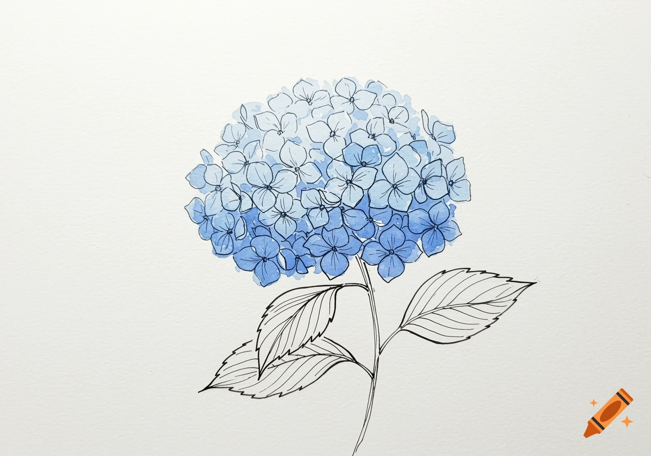 A pale blue hydrangea flower with black outlines and green leaves in a watercolor illustration style.