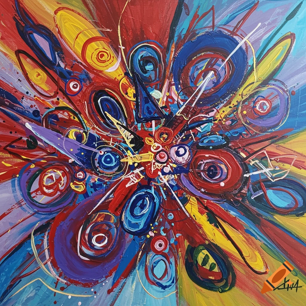 A vibrant abstract painting featuring dynamic red, blue, yellow, and purple shapes and lines.
