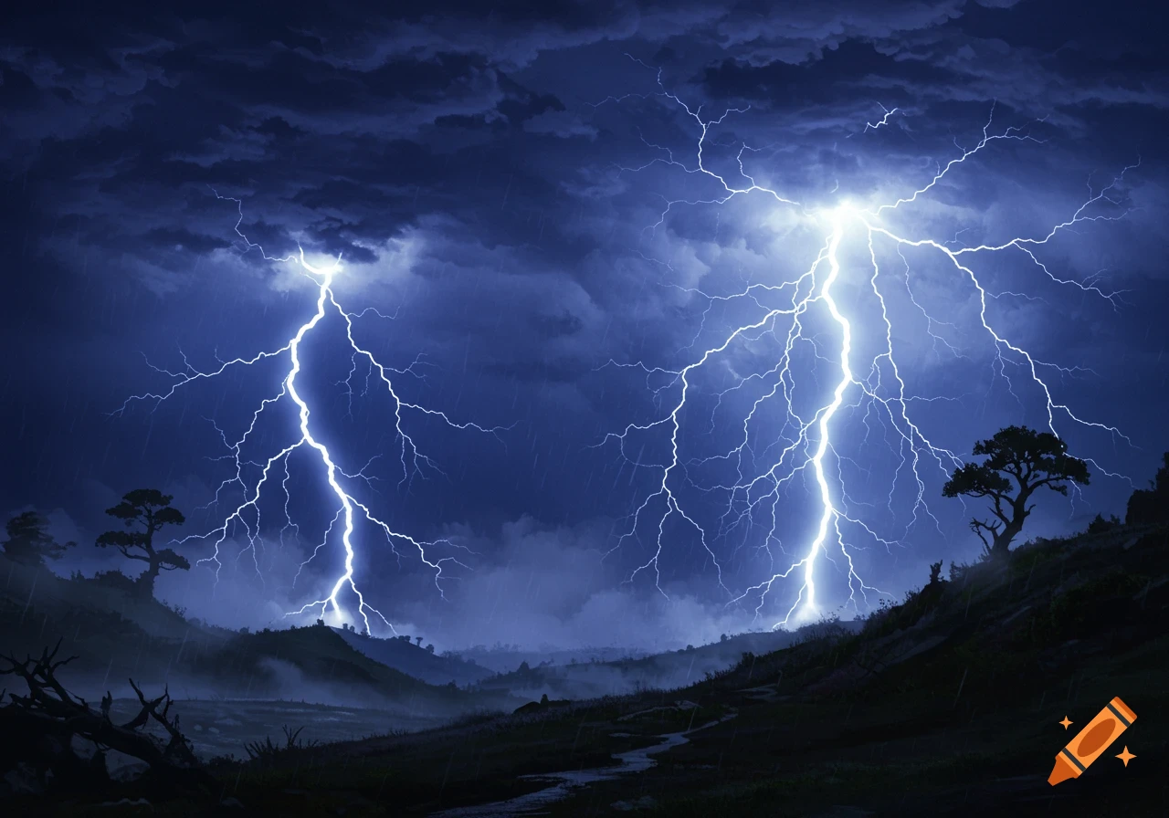 Two bright lightning bolts strike a dark, rainy landscape under a stormy sky.