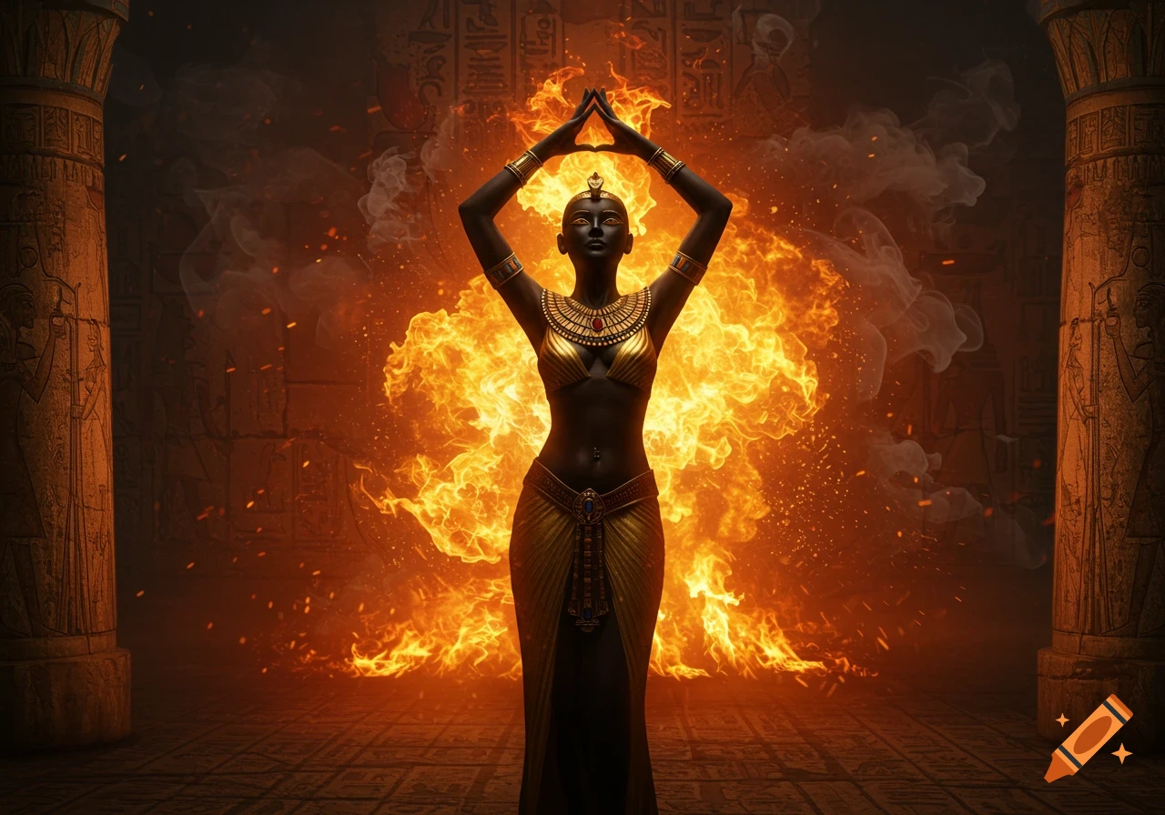 Dark-skinned Egyptian queen in gold attire, with arms raised, stands before a large burst of fire in an ancient temple.
