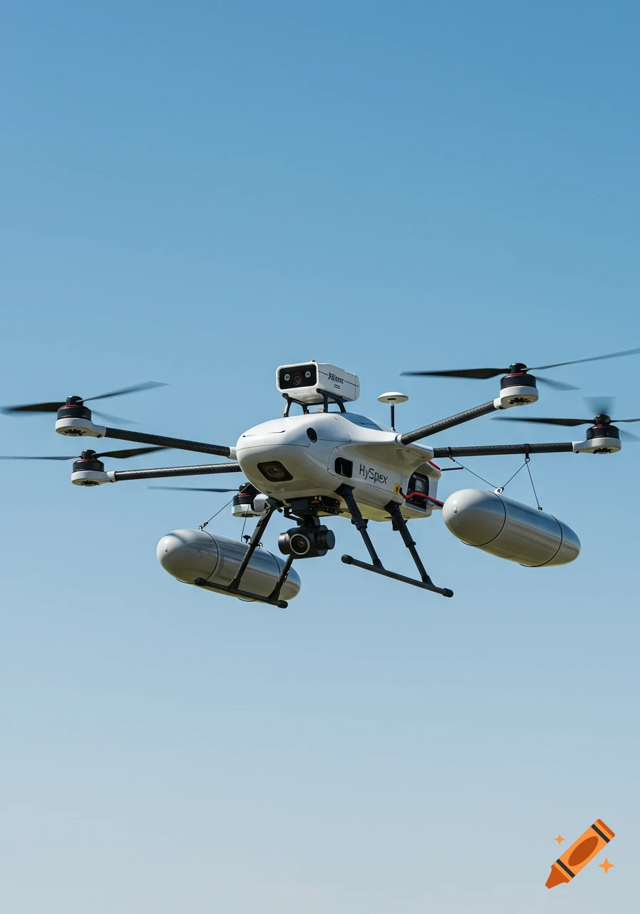 A white and black drone with six propellers and two cylindrical floats, labeled 'HySpex', flies against a clear blue sky.