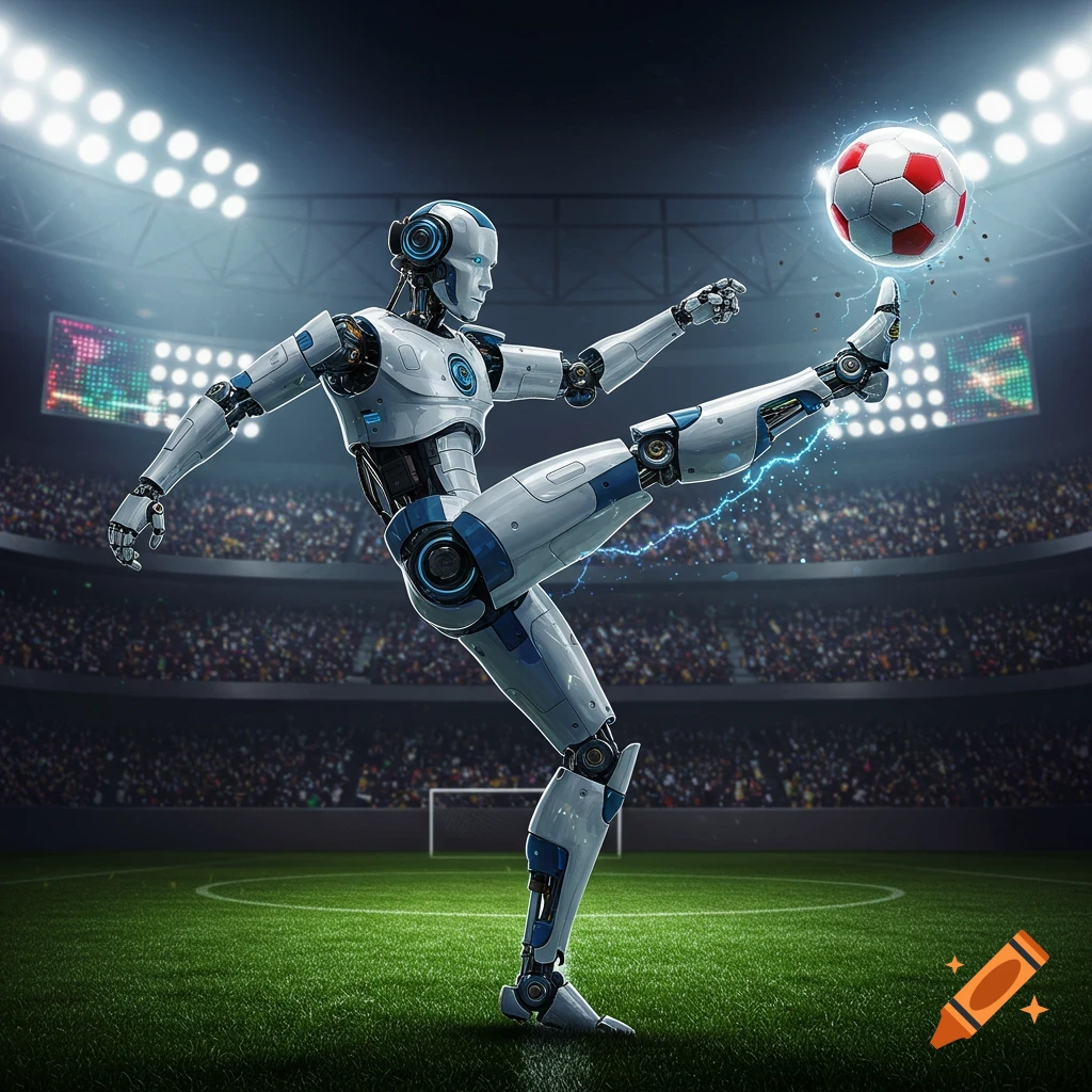 A white and blue robot kicks a soccer ball in a brightly lit stadium with a crowd.