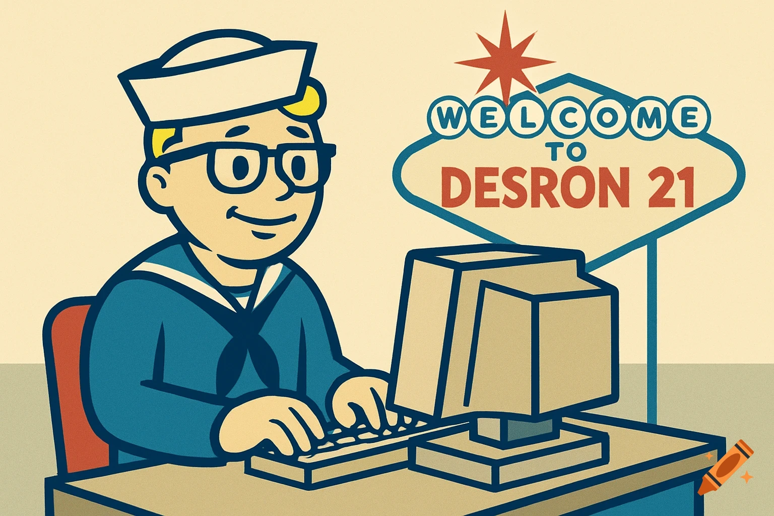 A retro cartoon sailor character resembling Fallout's Vault Boy types on a computer, with a Las Vegas-style sign reading 'Welcome to DESRON 21' behind him.